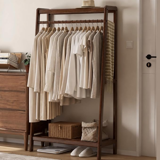 Solid Wood Clothes Rack, Clothing Rack with 2 Shelves Storage, Floor-Standing Coat Rack for Bedroom, Living Room, Entryway,Walnut