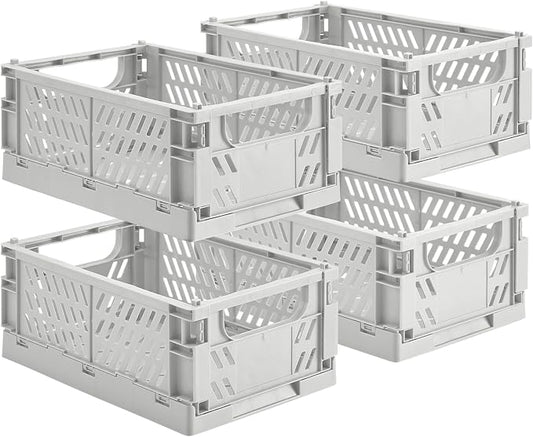 HUUSMOT 4-Pack Collapsible Plastic Storage Baskets, Grey, 9.8"x6.5"x3.8" | Pastel, Space-Saving, Collapsible Plastic Bins, Cute Mini Storage Crates, for Classroom, Kitchen, Office, Bedroom