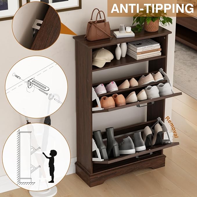 24" W Hidden Shoe Storage Cabinet with 2 Flip Drawers & Open Storage | Farmhouse Modern Shoes Rack Cabinet,Adjustable Shelves, Narrow Slim Shoes Organizer for Front Door Entrance, Entryway, Walnut