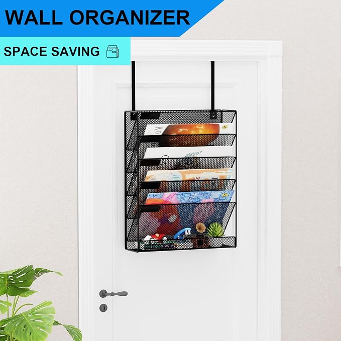 6-Tier Hanging File Organizer Office Cubicle Accessories for Work Organizer Wall Mount File Holder for Mails Folders Papers Magazine Organization, Black