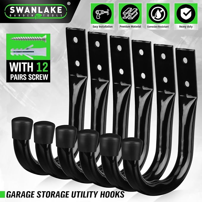Heavy Duty Garage Storage Hooks, 6-piece Bike Hooks for Garage Wall, Utility Garage Hooks, Wall Mount J Hook for Hanging, Large Metal Storage Organizer Tool, Extension Cord Hanger