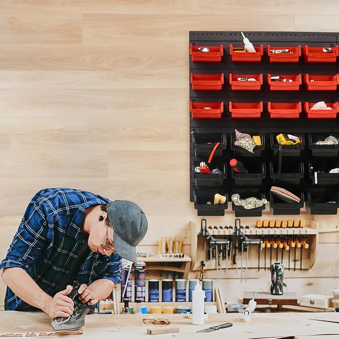 VEVOR 48-Bin Wall Mounted Storage Bins Parts Rack Organizer Garage Shop Tool Organizer for Screws, Nuts, Bolts, Nails, Beads, and Small Hardware Parts, With Wall Panels