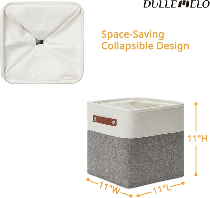 DULLEMELO 11 Inch Cube Storage Bins (Set of 4), Fabric Storage Baskets for Standard Cube Organizers, High-Capacity Collapsible Bins with PU Leather Handles for Closet, Nursery, and Shelves-White&Grey