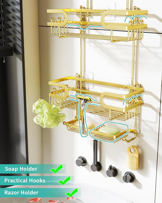 HapiRm Shower Caddy over Shower Head with 2 Soap Holders, Rustproof & Waterproof Hanging Bathroom Organizer with 12 Hooks, No Drilling Hanging Bathroom Caddy - Gold