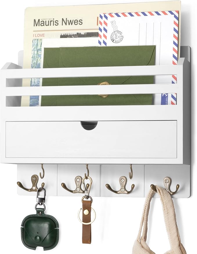 Rebee Vision Mail Organizer Wall Mount with Drawer for Living Room, White | Modern Key and Mail Holder for Wall, Drawer Organizer, 7 Key Hooks, Mail Sorter, Hallway, Office Essentials, Home Decor