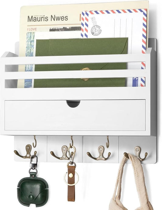Rebee Vision Mail Organizer Wall Mount with Drawer for Living Room, White | Modern Key and Mail Holder for Wall, Drawer Organizer, 7 Key Hooks, Mail Sorter, Hallway, Office Essentials, Home Decor