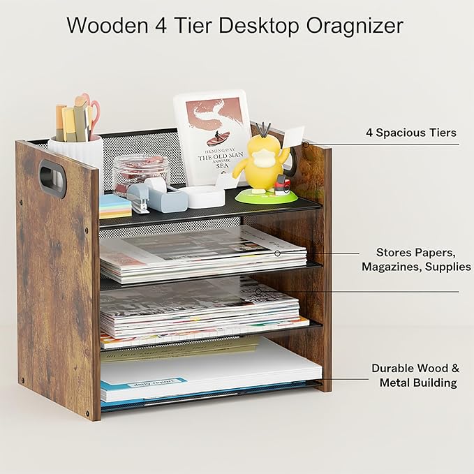 Desk Organizer, 4 Tier Desktop File Organizer and Paper Tray Organizer, Office Desk Accessories for Mail, Documents, Papers, Notebooks and Home Office Storage
