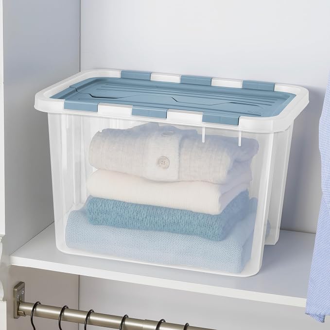 Sterilite Hinged Lid Storage Box, Plastic Container, 30 Quart, 12-Pack | Washed Blue - Home Organizer Tote for Storing Shoes, Crafts, Clothing, or Decor