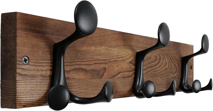 WEBI Coat Rack Wall Mount,17" Solid Wood Coat Hooks Wall Mounted Coat Hanger,16" Hole to Hole,Heavy Duty Hook Rack,3 Triple Hooks for Hanging Coats,Jacket,Hat,Backpack,Farmhouse,Brown