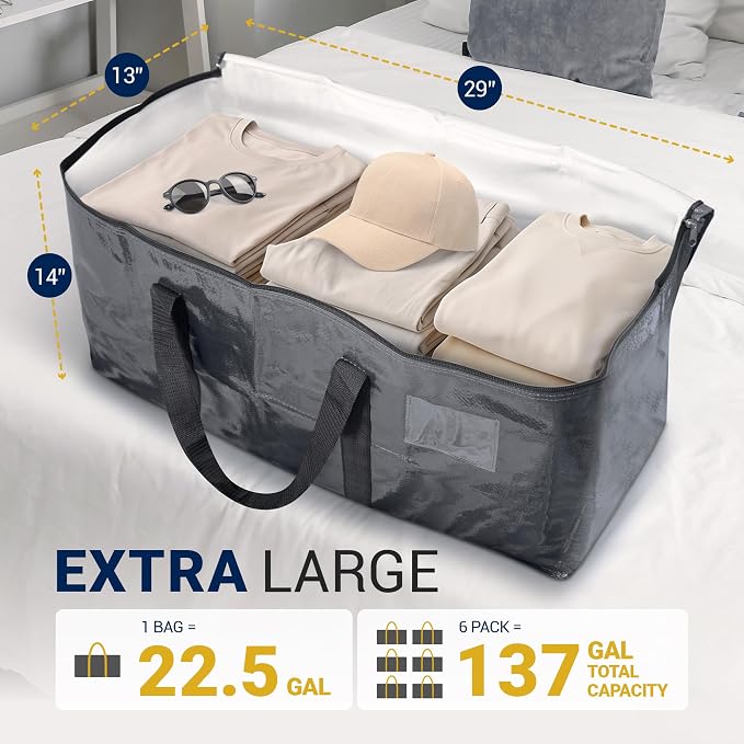 Reli. Moving Bags Heavy Duty (6 Pack) Grey, Extra Large Totes | For Storage & Packing | Small Space & Dorm Room Essentials | Packing Bags w/ Handles & Zippers | Alternative to Moving Boxes