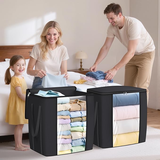 TasticTotes 120L Extra Large Blanket Clothes Storage Bags, Gray, 6 Pack | Foldable Blanket Storage and Organization, Thick Fabric Containers with Reinforced Handles & Zippers for Comforters, Bedding