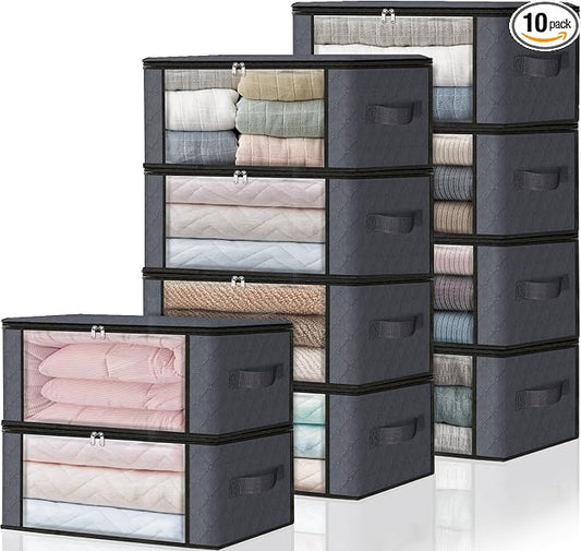 HomeHacks 10-Pack Clothes Organizer Storage Bags, 35L Storage Bins, Gray | Foldable Storage Box Container with Zippers, Clear Window, Reinforced Handles for Closet, Dorm, Pillows, Bedding, Sweater