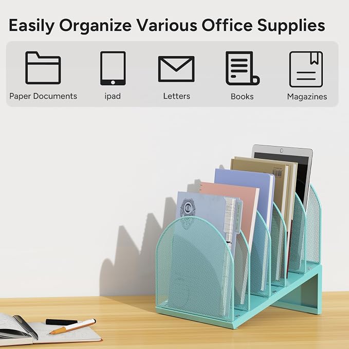 5-Section Desk File Organizer | Metal Mesh Folder Organizer for Documents, Mail & Office Papers (Blue)