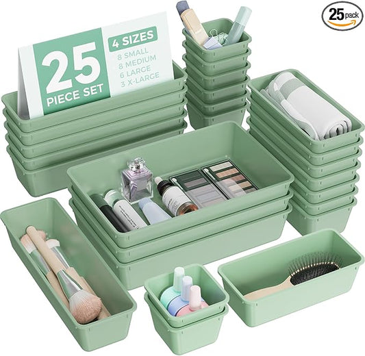 BiuLeon 25 PCS Plastic Drawer Organizers Set, 4-Sizes Vanity and Makeup Organizer, Desk and bathroom Drawer Organizer Trays, Organizers and Storage for Makeup, Jewelry, Gadgets, Utensils (Green)