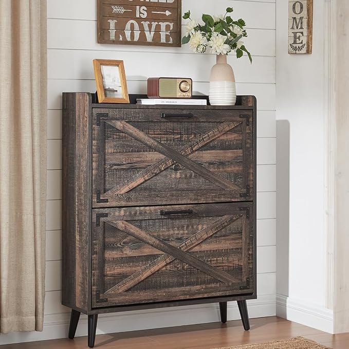 Barnyatoh Farmhouse Shoe Storage Cabinet with 2 Flip Drawers & Barn Door | Freestanding Hidden Slim Narrow Shoe Rack, Adjustable Shelves,Wood Shoes Organizer for Entryway, Foyer, Hallway,Dark Oak