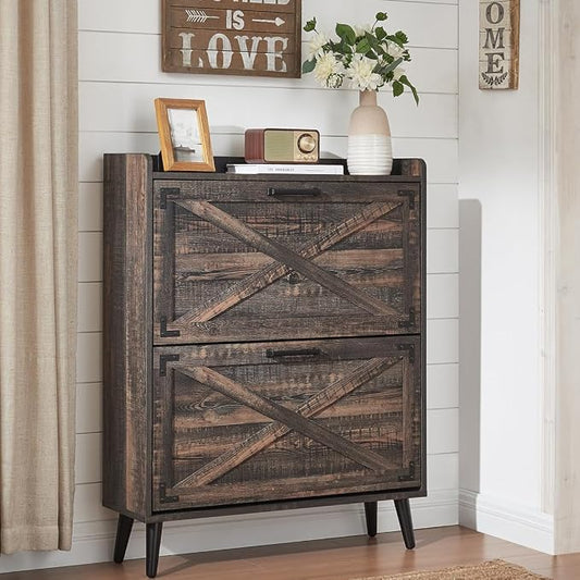 Barnyatoh Farmhouse Shoe Storage Cabinet with 2 Flip Drawers & Barn Door | Freestanding Hidden Slim Narrow Shoe Rack, Adjustable Shelves,Wood Shoes Organizer for Entryway, Foyer, Hallway,Dark Oak
