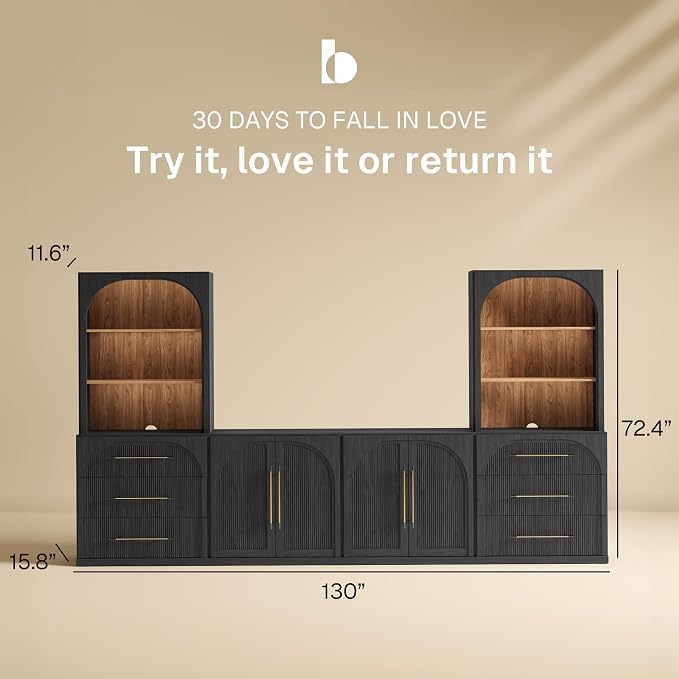BELLEZE 6-Piece Modular TV Stand Set - 2 Sideboards with Drawers, 2 Double-Arc Wood Door Sideboards, and 2 Hutch Cabinets, Classic Modern Media Console with Adjustable Shelves for Living Room (Ebony)