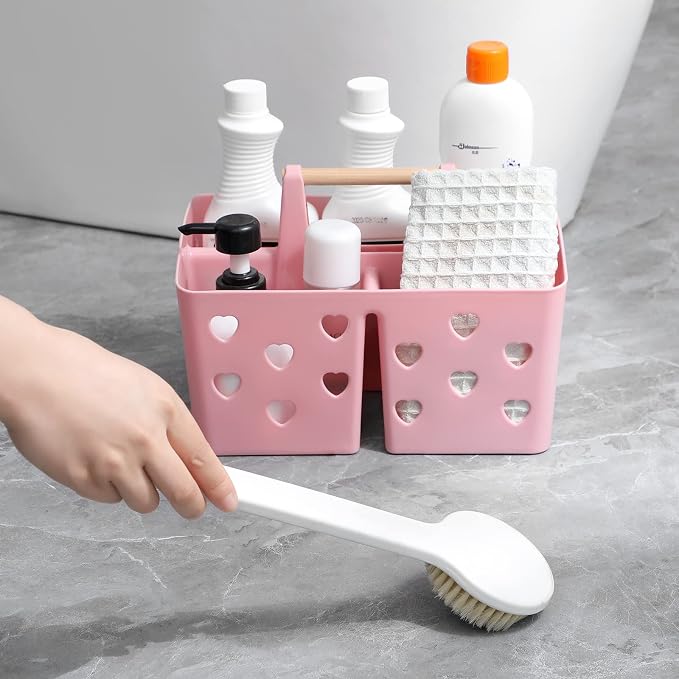 Portable Shower Caddy Plastic Shower Basket Organizer with Handle, Pink | Divided Bathroom Caddy Storage Cleanning Caddy Tote for College, Dorm Room, Kitchen