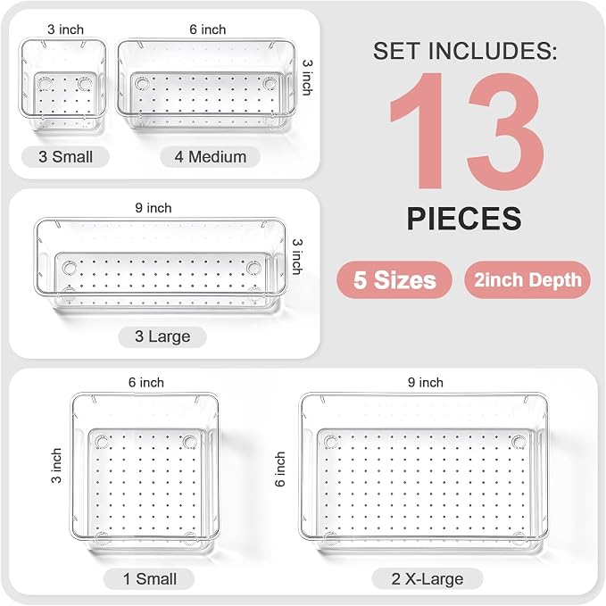 13 Pcs Desk Organizer Tray for Makeup, 5 Sizes Vanity Makeup Drawer Organizer Set, Non-Slip Desk Drawer Organizer Trays for Bathroom, Bedroom, Office, Fits Jewelry