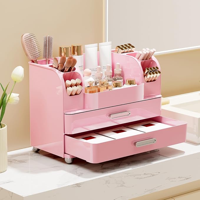 UFORU Makeup Organizer Countertop with 2 Large Drawers for Vanity Bathroom | Brush Holder, Large Capacity, Thickened Plastic, Compact Footprint, Space-Saving Design, Easy Clean, Ideal for Dorm Rooms
