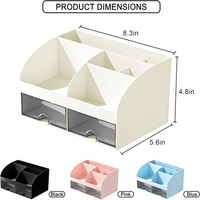 COMFYROOM Desk Organizer with 6 Compartments and 2 Drawers, Plastic Makeup Organizer, Pen Holder for Desktop Storage, Desk Organization for School, Home, Office Supplies (Ivory)