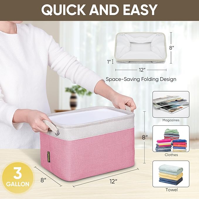BALEINE 3 Pack Fabric Closet Storage Bins for Shelves, Linen Closet Organizers and Storage, Decorative Baskets for Organizing, Shelf, Clothes, Home, Office (Pink, 12"x8"x8")