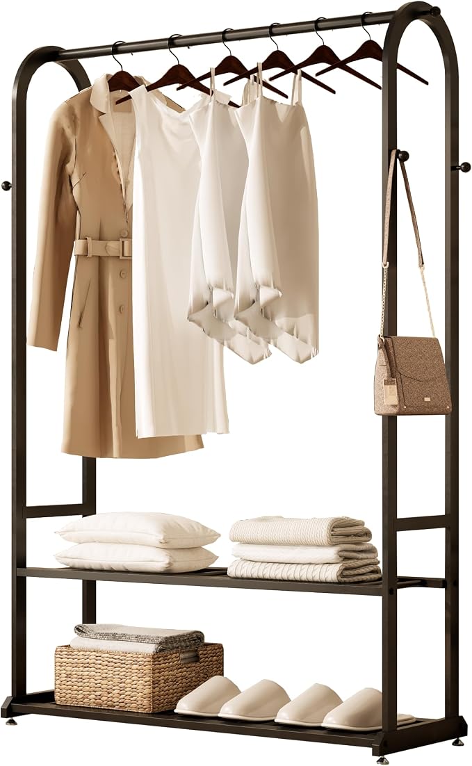 Sturdy metal clothes rack,Black freestanding clothing rack with bottom shelves and 6 side hooks,garment rack for hanging clothes,Modern wardrobe rack for Bedroom or cloakrooms