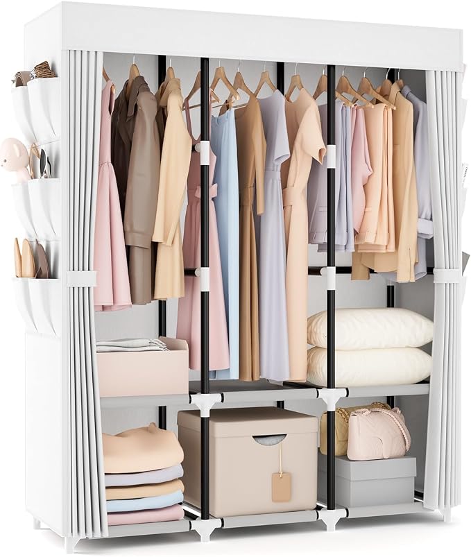 VTRIN Portable Closet Wardrobe for Hanging Clothes Closet with Cover, 3 Hanging rods, 6 Storage Shelves and Side Pocket, Diameter 19mm Metal Pipe, Sturdy Free Standing Closet for Bedroom, White