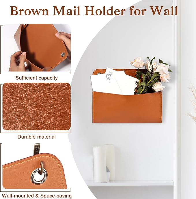 3 Pcs PU Leather Mail Holder Wall Mount 9.8x7.7 Inch Brown Letter Holder Vintage Hanging Mail Organizer 2 Ring Bill Organizer for Wall Decor Storage Letter Postcards Bill Flowers Office Home