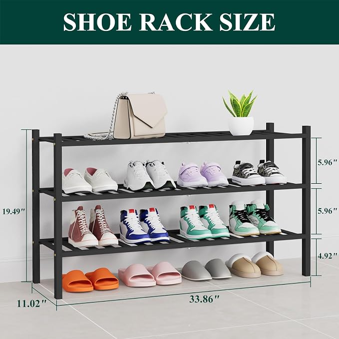 Smiry Bamboo Shoe Rack, 14 Vertical Slats, 3 Tier - 33.7" Wide, Black | Stackable Free Standing Wooden Shoe Organizer, Wood Shoe Storage Shelf for Closet, Entryway, Thicher Leg
