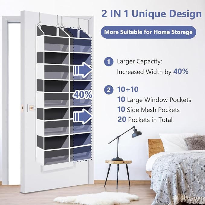 UVIAHOMI Heavy Duty Over The Door Organizer 5 Tiers, Extra Large Behind Door Storage of 10 Front & 10 Mesh Pockets, 80lb Weight Capacity, Hanging Doors Storage for Closet Bedroom Nursery, Dark Gray