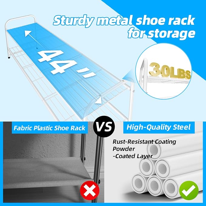 Shoe Rack for Closet, 2 Tier 44 Inch Extra Wide Shoe Storage Organizer for Shelves, Heavy Duty Metal, Easy Assembly, White