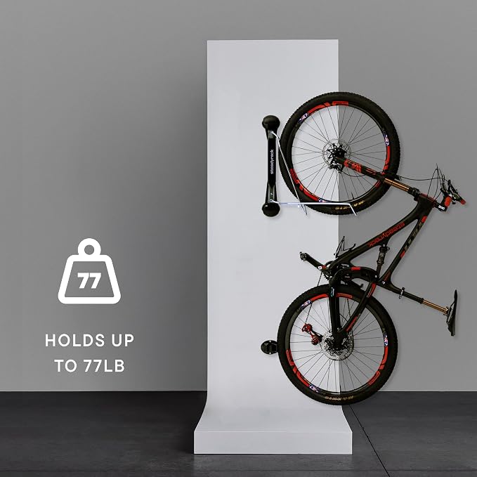 Steadyrack Bike Rack – Pivoting Mountain Bike Rack, Holds Up to 77 lbs, Fits 24"-29" Wheels, 2.1"-2.8" Tires, Foldable Wall Mount for Space-Saving Bicycle Storage - 2 Pack | Fits 24 to 29 in wheels and 2.1 to 2.8 in tires. Roll-in, no lift, holds mount...