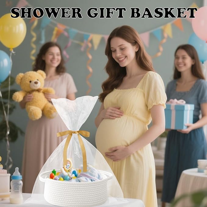 2 Pack Small Woven Rope Basket with Handles, Grey | Empty Gifts Basket with Bag and Ribbons, Cute Handle Organizer Box, Birthday/Baby Shower, Toy Storage