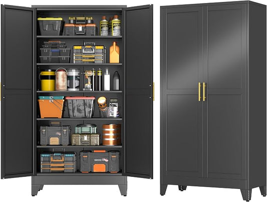 GAIOUS 79'' Tall Metal Garage Storage Cabinet, Home Office Cabinet Black | Home Office Storage, File Cabinet Tool Cabinets with 2 Doors and 5 Adjustable Shelves for Warehouse Garage Outdoor Steel