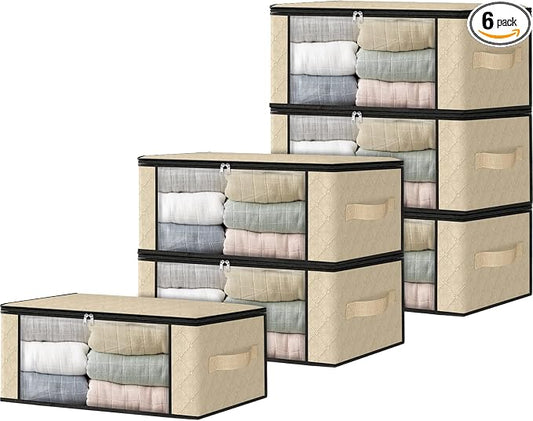 HomeHacks 6-Pack Clothes Organizer Storage Bags, 35L Storage Bins, Beige | Foldable Storage Box Container with Zippers, Clear Window, Reinforced Handles for Closet, Dorm, Pillows, Bedding, Sweater