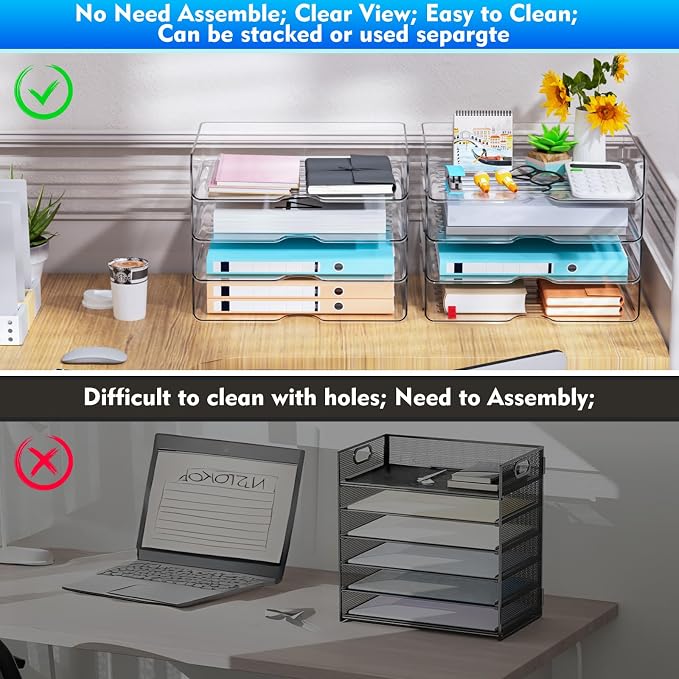 Vivihomety Paper Organizer Letter Tray, 4-Pack Stackable Acrylic, Clear | Stackable, Versatile Desk File Organizer – A4 Paper, Documents, Letters, Books, Bills, iPad – Large Capacity, Home Office