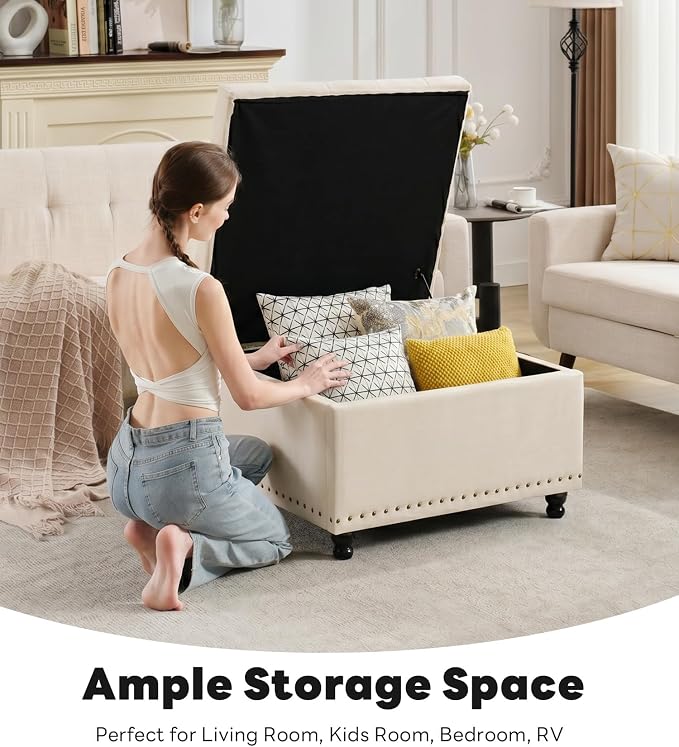 Tbfit Large Square Storage Ottoman Bench, Button Tufted Upholstered Coffee Table Ottoman with Wooden Legs, Oversized Storage Ottomans Toy Box Footrest for Living Room, Beige Velvet