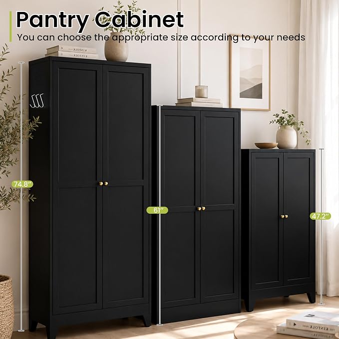 AQY 75" Pantry Cabinet, Black Freestanding Storage Cabinet with 5 Adjustable Shelves, Metal Pantry Cupboard with Ventilation Design & Hanging Hooks, 2-Door Kitchen Organizer for Living Room Kitchen | 5 Adjustable Shelves • Ventilated Metal Cabinet • Ha...