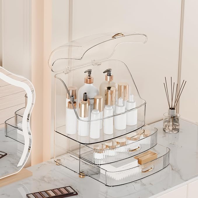 Makeup Organizer Countertop Vanity with Transparent Lid Drawers Waterproof Dustproof Cosmetic Skincare Bathroom Storage Gift for Women Teens Girls (Clear Whtie)