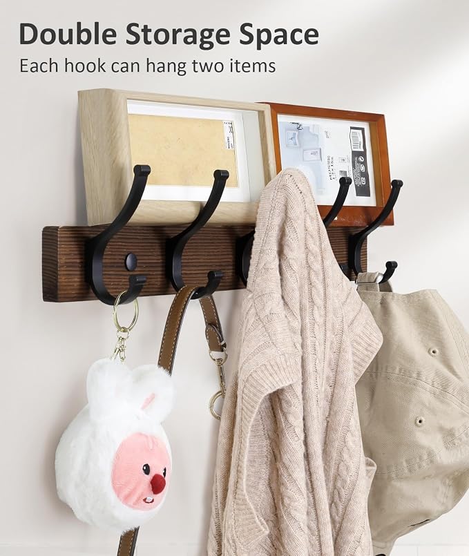 Optish Coat Rack Wall Mount, 16.5 Inches Wood Coat Hooks Wall Mount, Wall Coat Rack with 5 Hooks, Hat Rack Wall Hooks for Hanging Coat, Bag, Towel (2Pack, Brown)