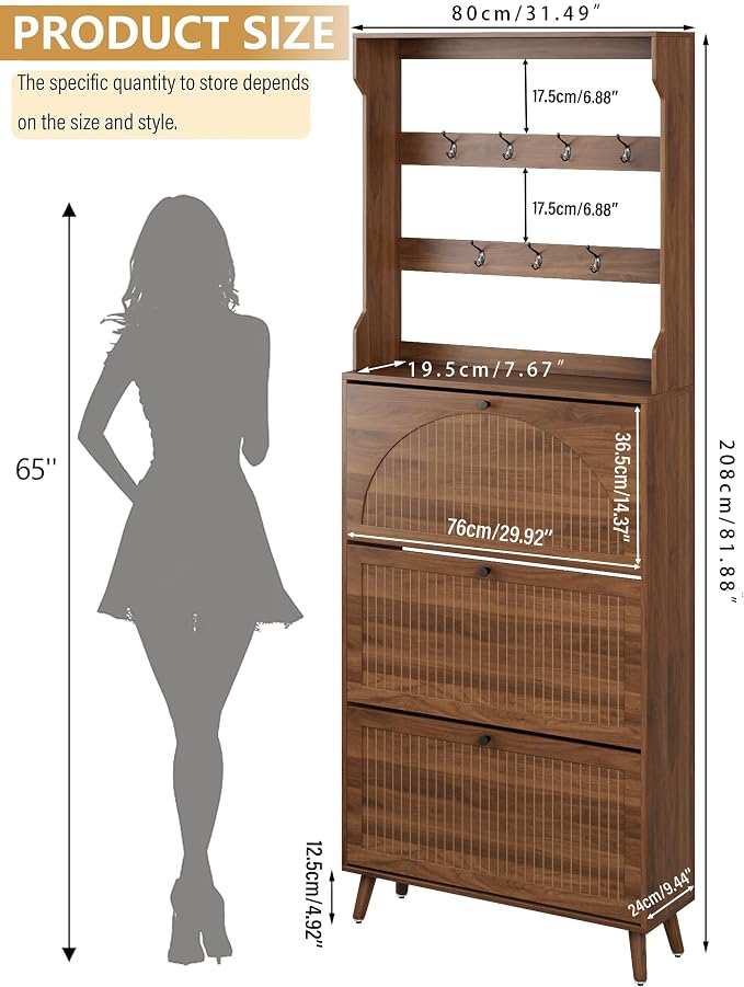 Fsbecl Shoe Storage Cabinet with 3 Fluted Flip Drawers & Coat Rack, Walnut | Slim Freestanding Shoe Organizer with Hidden Storage, Adjust Shelves, Wooden 2-in-1 Hall Tree for Entryway Foyer, 18-24 Pairs