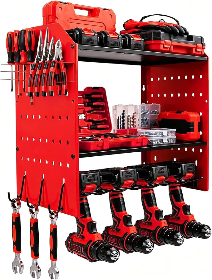 Power Tool Organizer Wall Mount,Power Drill Tool Holder | 200lb Heavy Duty Tool Shelf,4 Tier Cordless Tool Organizerwith 4 Drill Holders & 3 Divider Panels,Red