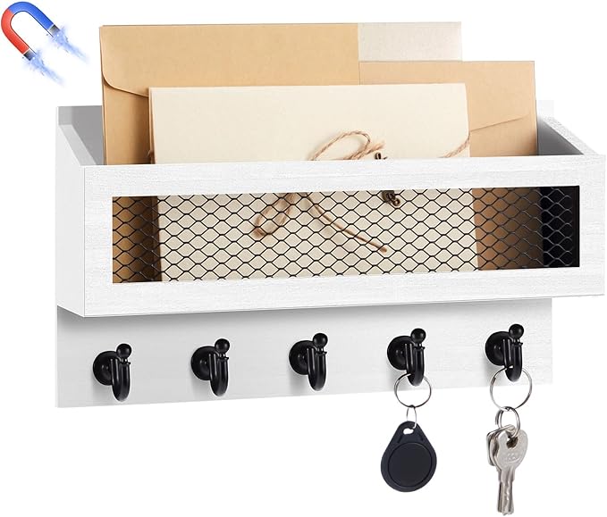 Colingmill Magnetic Mail and Key Holder for Wall Fridge Wooden Mail Organizer with 5 Key Hooks for Home Bedroom Fridge Kitchen Decorative (White)