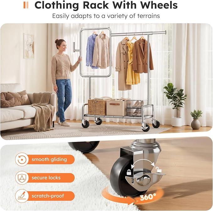 SOLEDI Heavy Duty Partitioned Clothes Rack, 600 LBS Load Metal Garment Rack with Shelves & Lockable Wheels, Rolling Hanging Rack for Bedroom, Laundry Room, Store & Garage (Silver)