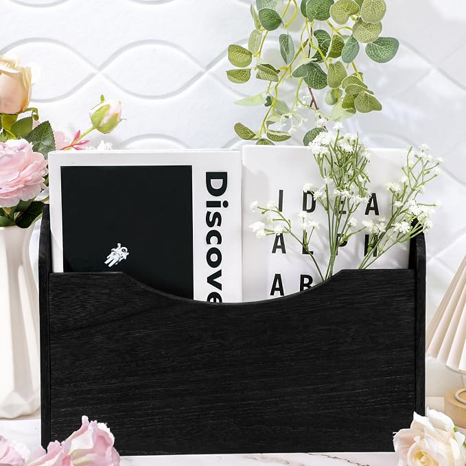 Suzile Wall Mounted File Holder Wood Magazine Holder Wall Hanging File Organizer for Office Mail Magazine Letter Paper Folder Organization (Black)