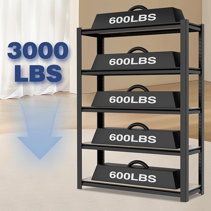 WORKPRO 5-Tier Black Shelving with Board, 36.2”Wx16.5”Dx72”H, 3000LBS Load | Adjustable, Heavy Duty, 3000lbs, Boltless Shelving for Kitchen, Living Room, Garage