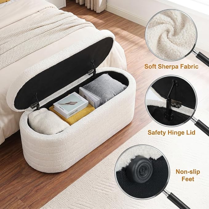 Teddy Sherpa Storage Ottoman Bench, Modern Upholstered Window Bench with Safety Hinge Lid, Oval White Ottoman for Living Room, Bedroom End of Bed