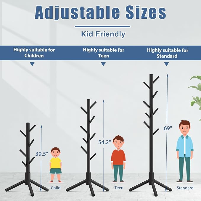 Haddockway Wooden Coat Rack Stand with 8 Hooks New Zealand Pine 3 Adjustable Coat Standing Tree Easy Assembly for Coats, Hats, Scarves and Handbags for Entryway, Hallway, Bedroom, Office
