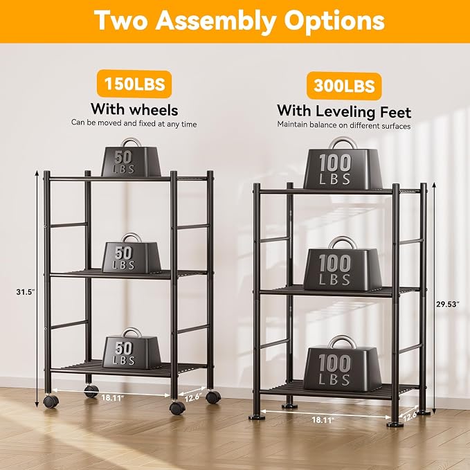 BolDuck 3 Tier Shelf Organizer Rack, Metal Shelving Unit with Wheels/Leveling Feet, Space-Saving Storage Shelves for Closet Laundry Bathroom Kitchen Pantry, 18.11" Wx12.6 Dx31.5 H